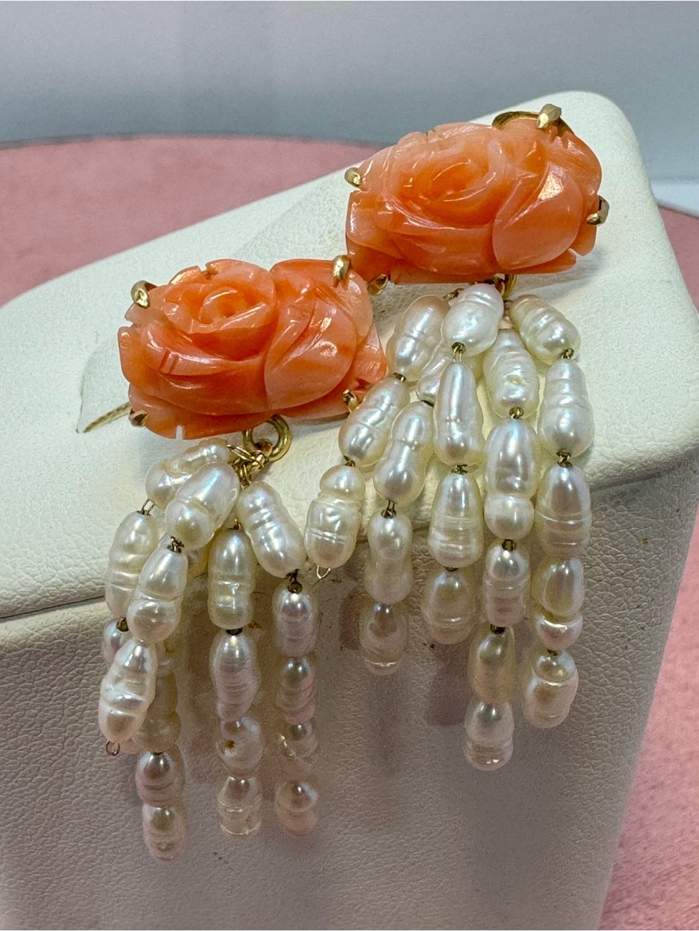 14KT Yellow Gold Carved Coral Rose and Pearl Tassel Drop Earrings